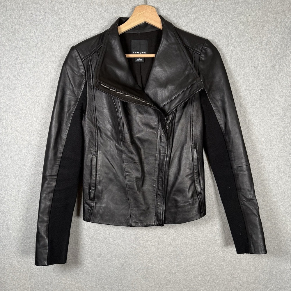 Trouve Nordstrom Black Genuine Leather Moto Jacket Women's XS